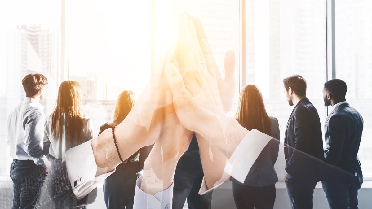 Multi exposure of business team high five with group of colleagues Achieving Internal Auditor competence